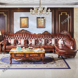 欧式真皮沙发客厅组合高档奢华实木雕花美式头层牛皮转角别墅家具