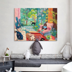 小众艺术狗狗猫咪客厅装饰画抽象宠物肌理手绘油画趣味儿童房挂画