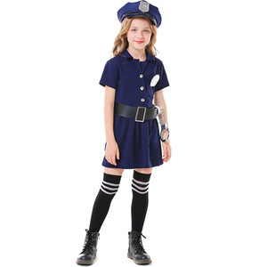 2021儿童新款 万圣节cosplay亲子职业体验服装蓝色纽扣女警连衣裙
