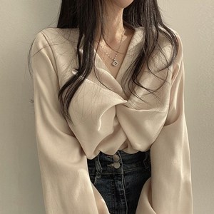 良良家韩国chic女装韩国chic春季法式气质褶皱V领扭结设计宽松