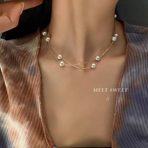 韩国双层叠戴珍珠chocker锁骨链2024新款潮高级感气质优雅项链女