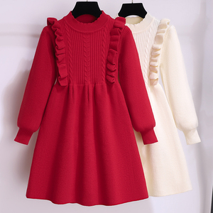 女童针织连衣裙秋冬款儿童毛衣裙红色新年小女孩甜美公主裙子秋装