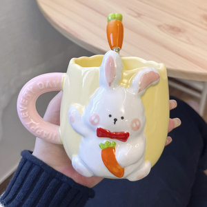 兔兔杯子女陶瓷马克杯高颜值情侣水杯男女学生可爱手绘浮雕咖啡杯