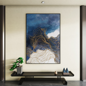 新中式客厅玄关装饰画蓝色线条背景墙壁画抽象入户玄关办公室挂画
