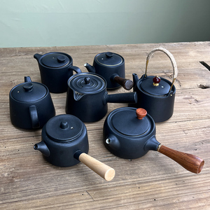 泡茶壶日式黑陶功夫茶具家用办公防烫单个陶瓷侧把提梁茶壶小套装