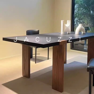 北美橡木黑实木餐桌侘寂风中古原木复古家用简约长方形书桌工作桌