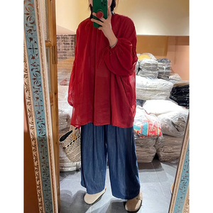 【无限】春夏日系复古红色苎麻系带上衣棉麻牛仔裤微胖MM大码女装