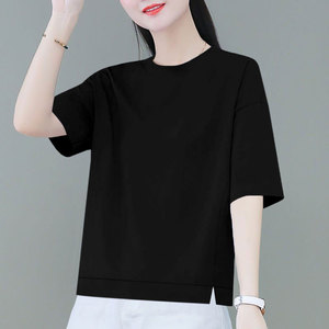 纯色黑色短袖t恤女夏季宽松圆领内搭半袖小个子短款纯棉打底上衣