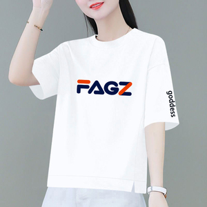 FAGZ纯棉短袖t恤女夏季宽松大码开叉字母印花短款半袖白色体恤衫