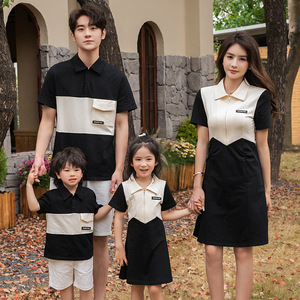 韩版亲子装一家三口夏季短袖高端四口全家装撞色新款洋气母子母女
