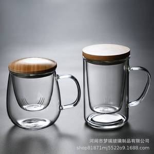 高硼硅玻璃三件杯家用茶水分离泡茶杯带盖过滤玻璃竹盖花茶杯水杯