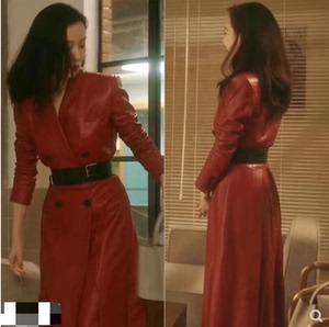 香港23流金岁月朱锁锁倪妮同款红色皮衣修身中长款风衣外套连衣裙