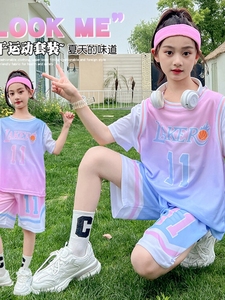 安踏联名女童篮球服速干粉色11号球衣夏季短袖小学生儿童队服女孩