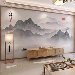 新中式水墨山水墙纸茶室办公室装饰壁布卧室客厅沙发壁纸定制壁画