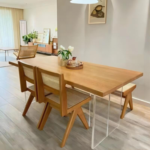 白蜡木实木餐书桌椅子长方形悬浮家用客厅吃饭桌原木亚克力工作台