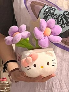 helloKitty盆栽毛绒玩偶凯蒂猫花盆红花紫花花瓶植物花朵公仔摆