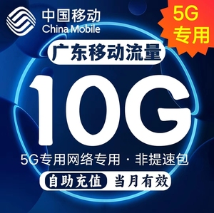 广东移动5G专用网络流量充值10G流量月包通用量叠加油包当月有效