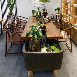 新中式流水茶台茶桌循环生态养鱼景观创意仿古桌椅组合实木功夫茶