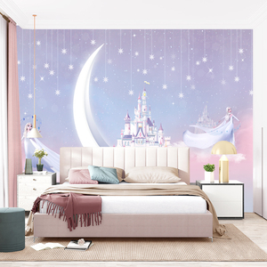 冰雪奇缘壁纸爱卡通粉色儿童房卧室墙纸莎公主城堡幼儿园教室壁画