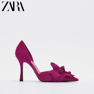ZARA 20204新款女鞋玫红色花朵高跟鞋女夏季气质尖头绝美单鞋细跟