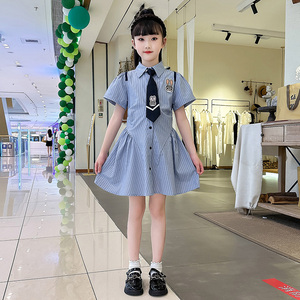苏黎韩系世家女童2024新款韩版学院风POLO时髦连衣裙夏季条纹衬衫