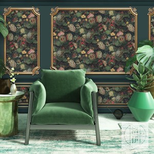 欧式3d石膏线墙纸法式轻奢印花梵高壁画墨绿色美式卧室背景墙壁纸