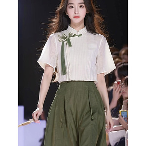 夏装搭配一整套新中式国风女装时尚绿色亚麻棉麻连衣裙子两件套装