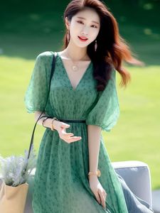 绿色碎花连衣裙仙气超仙森系夏装温柔风泡泡袖仙女裙子质感高级感