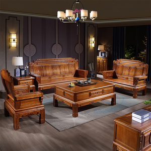 中式金花梨木实木沙发组合冬夏两用仿古雕花大户型客厅菠萝格家具