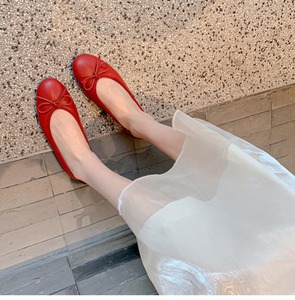 2023春新款圆头小红鞋浅口平底红色芭蕾鞋蝴蝶结婚鞋软底单鞋女