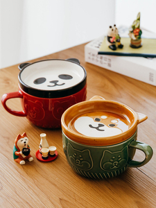 名创优品杂啊日系卡通柴犬熊猫陶瓷杯情侣早餐教师节礼物马克杯可