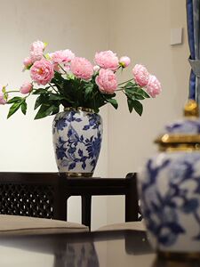 新中式中国风浮雕青花瓷玄关电视柜陶瓷花瓶摆件装饰品轻奢芍药