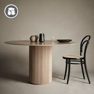北欧纯实木餐桌圆桌椅组合家用设计师圆形洽谈桌子木条型咖啡桌子