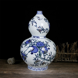 陶瓷器仿古花瓶 手绘福寿图葫芦瓶 中式客厅装饰品摆件一件代发