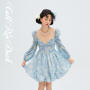 CALLRINDUCK法式梵高的星空度假公主风露背高级感蓝色花苞裙