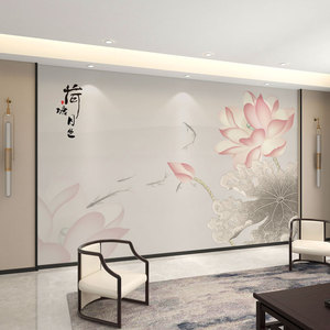 新中式水墨荷花客厅电视背景壁纸壁画工笔莲花主卧室床头墙布壁布