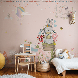 北欧ins风田园粉色兔子卡通墙纸儿童房墙布壁布女孩卧室壁纸壁画