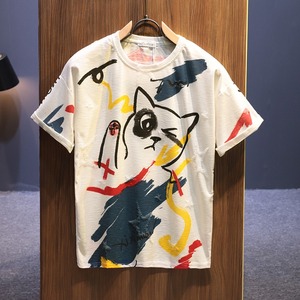 2024夏季潮牌卡通猫咪短袖T恤男日系复古个性印花破洞体恤半袖衫