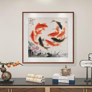 网红荷花九鱼图玄关装饰画招财挂画新中式客厅餐厅壁画斗方国画手