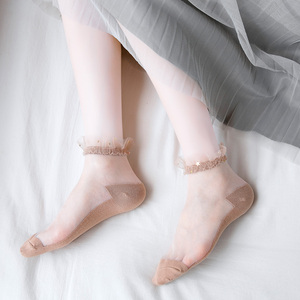蕾丝袜子女玻璃丝纯棉底花边袜短袜夏季短款水晶袜透明网纱袜薄款