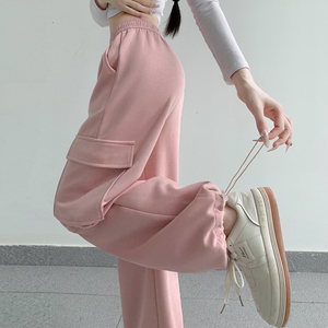 粉色工装裤女2024春秋季新款阔腿高腰显瘦加绒厚直筒运动美式卫裤