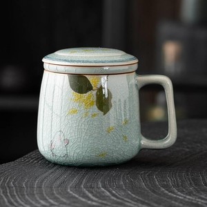 。冰裂纹马克杯手绘玉兔带盖办公室泡茶杯个人专用茶水分离杯陶瓷
