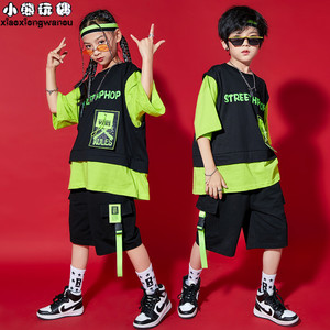 儿童嘻哈潮流街舞套装宽松男童假两件马甲短袖架子鼓女童潮牌童装