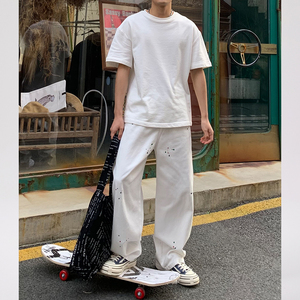 RHRB男士泼墨白色牛仔裤男2024新款夏季薄款美式直筒潮牌垂感裤子