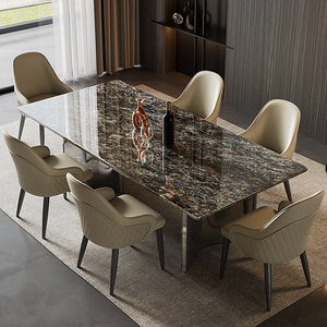 铂金钻天然大理石餐桌家用欧式轻奢高端长方形奢石餐桌别墅高级感