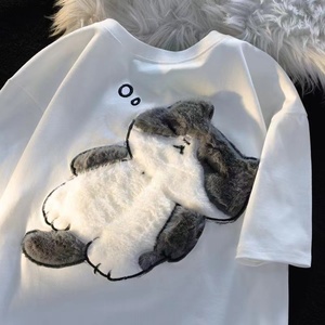 立体猫咪刺绣oversize短袖T恤男女小众设计感复古港风chic上衣潮
