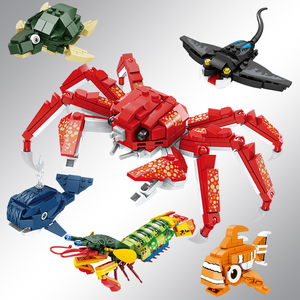 开智积木海洋动物儿童益智力拼装帝王蟹男孩拼插拼图龙虾模型玩具