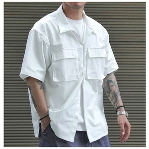 夏季新款白色日系两口袋短袖衬衫男工装宽松外套休闲百搭潮流纯棉