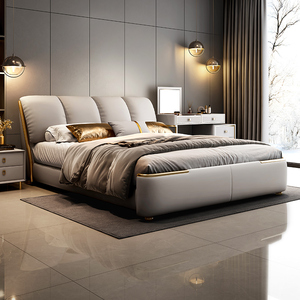 BIFEI真皮床双人主卧室简约大气意式现代轻奢高端婚床2米皮艺床