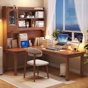 洞窝帝伊印象转角实木书桌书架一体靠窗拐角电脑桌家用卧室写字台
